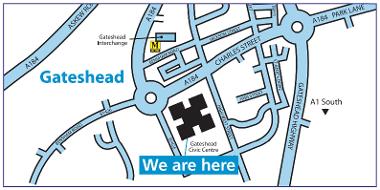 A map showing how to find Gateshead Youth Justice Service