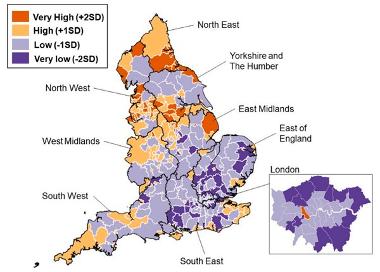 Map of Age-standardised Mortality Rate for Deaths of Despair across Local Authorities in England (2019-2021) 